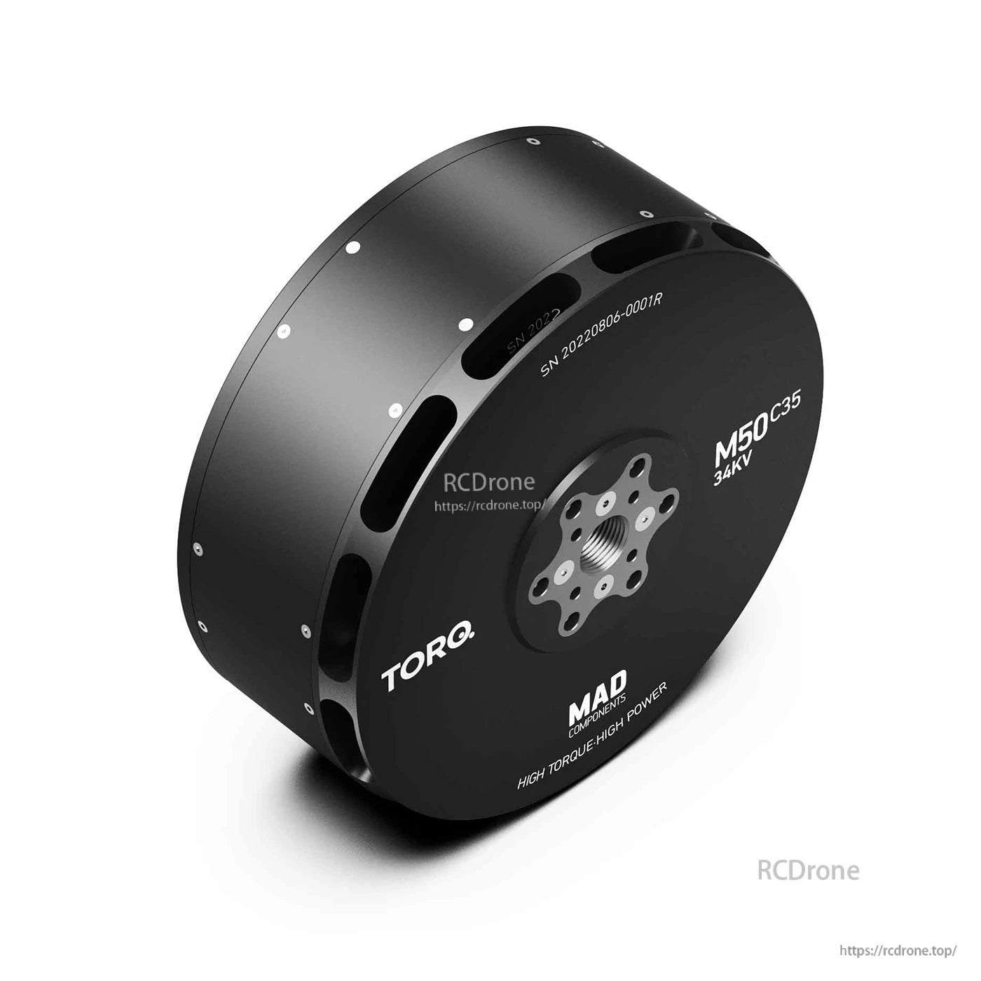 MAD M50C35 PRO IPE Manned Drone Motor, TORQ MAD M50C35 34kV drone motor with black housing, cooling slots, and multi-hole mounting plate