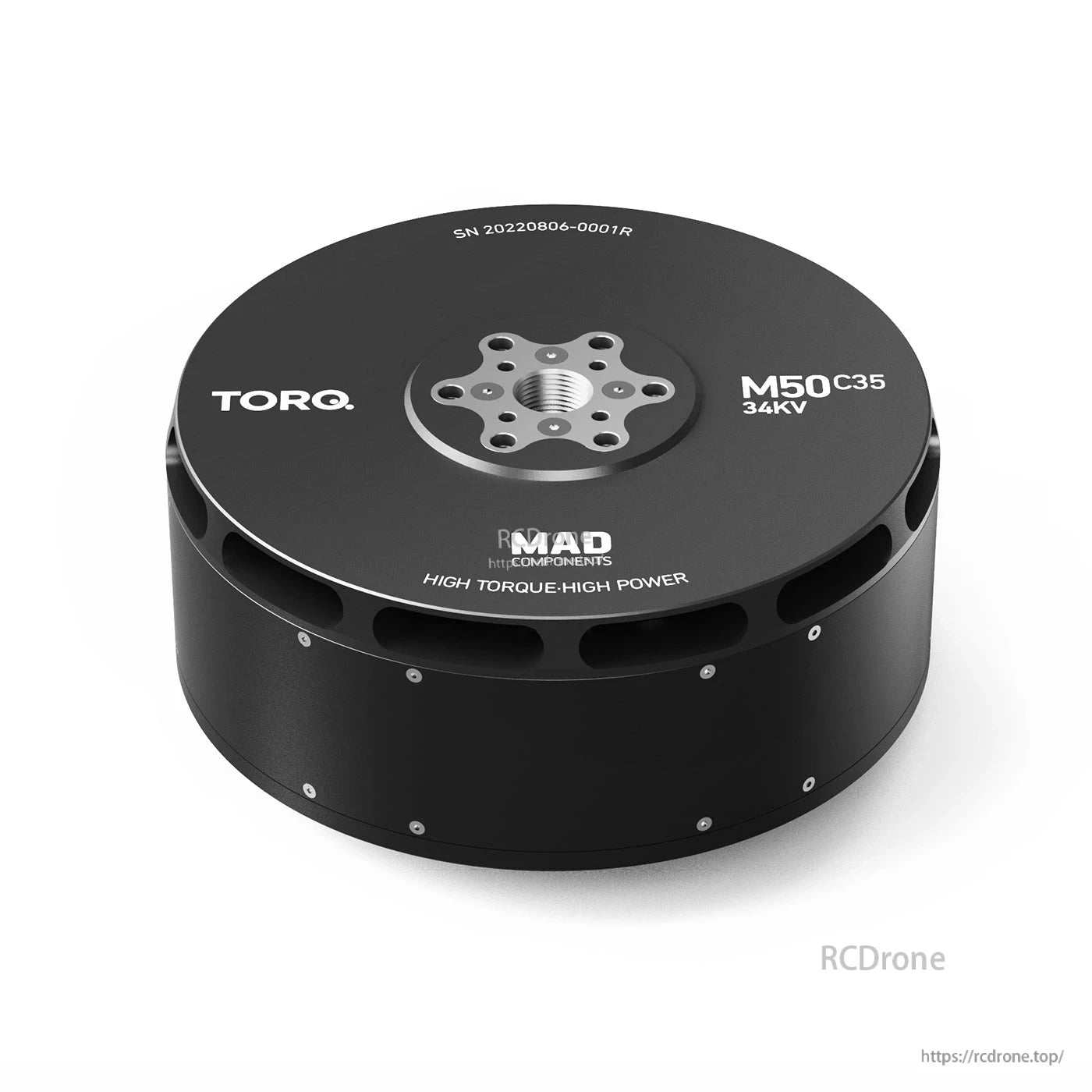 MAD M50C35 PRO IPE Manned Drone Motor, TORQ M50C35 34KV black drone motor with top mounting plate and ventilation cutouts
