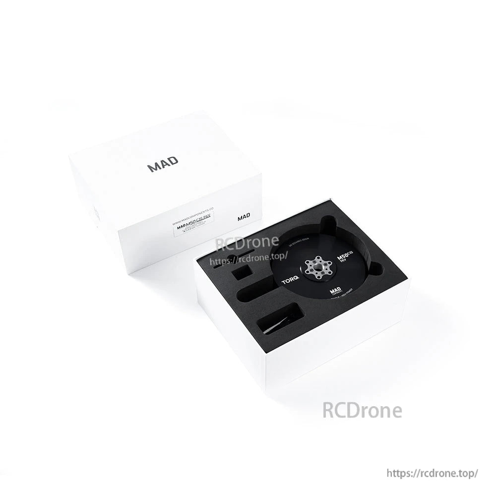 MAD M50C35 PRO IPE Manned Drone Motor, MAD M50C35 PRO IPE drone motor in foam packaging with white MAD box and black round motor housing