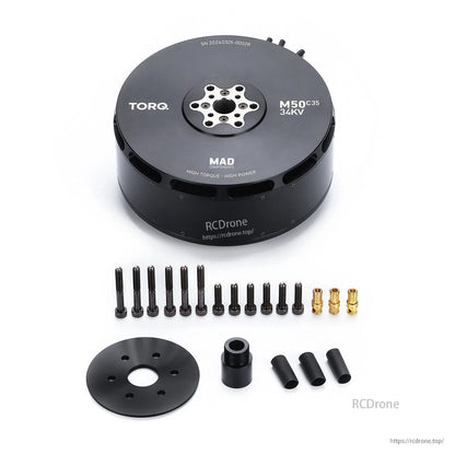 MAD M50C35 PRO IPE Manned Drone Motor, MAD TORQ M50C35 34KV drone motor with mounting plate, screws, spacers, and bullet connectors
