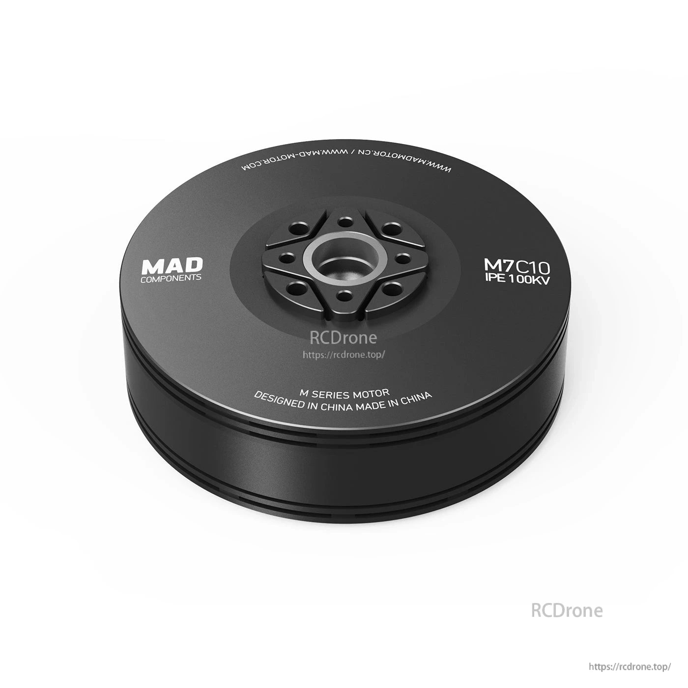 MAD M7C10 IPE V2.0 Drone Motor, MAD Components M7C10 IPE 100KV drone motor, black round housing with top mounting holes
