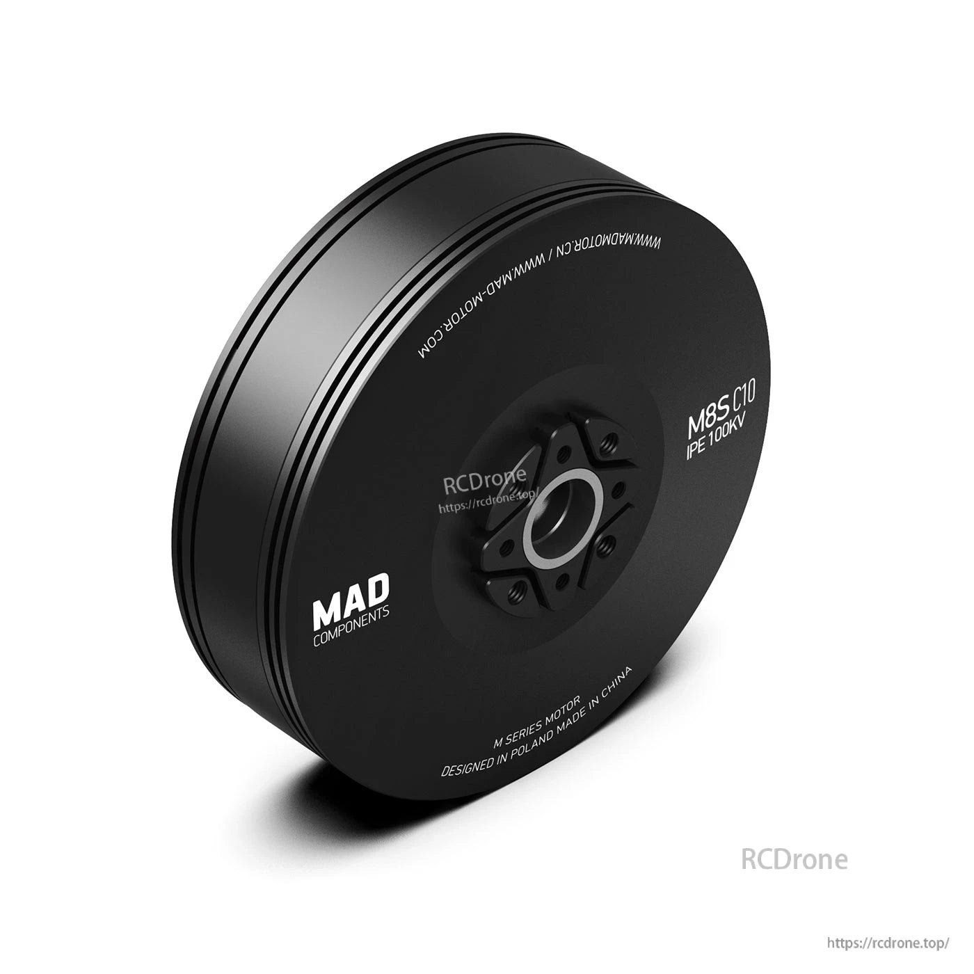 MAD M8S C10 (8110) IPE V1.0 100KV Drone Motor, MAD Components M8S C10 IPE 100KV drone motor in black, front view with mounting screw holes