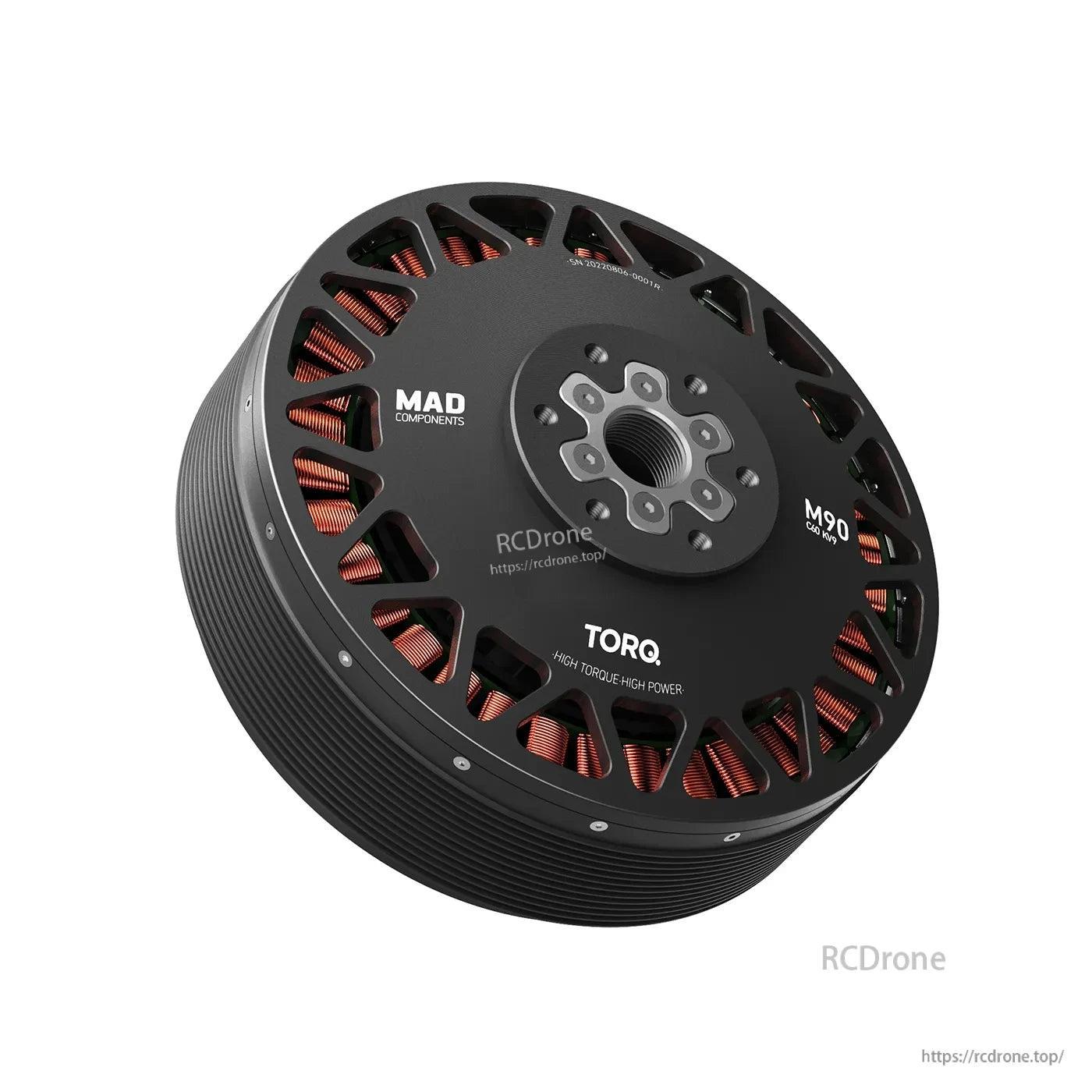 MAD M90C60 EEE 9KV Manned Drone Motor, MAD Components M90 brushless drone motor with black housing, copper windings, and front mounting flange
