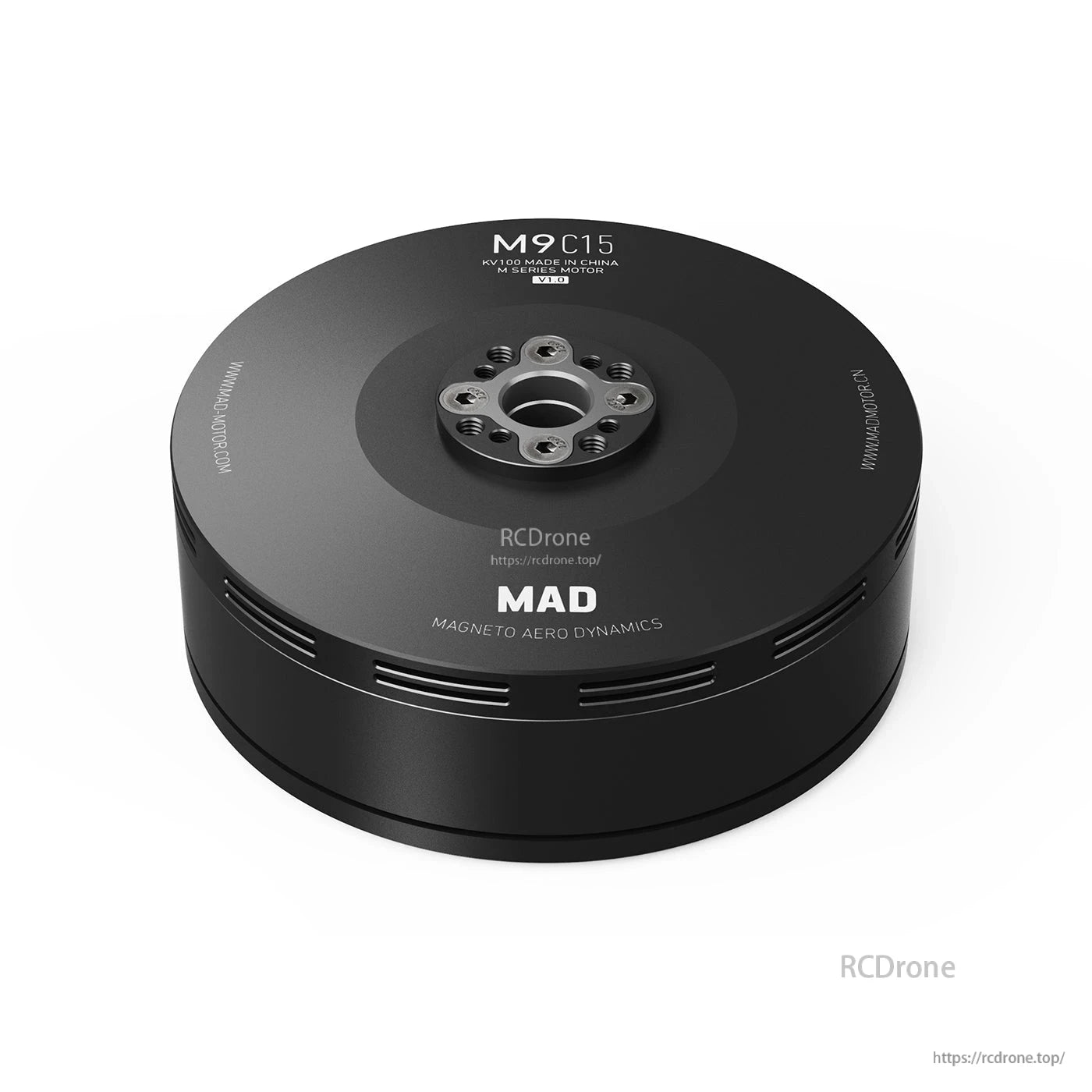 MAD M9C15 IPE V1.0 Drone Motor, MAD M9 C15 black drone motor with round housing and top mounting plate with multiple bolt holes