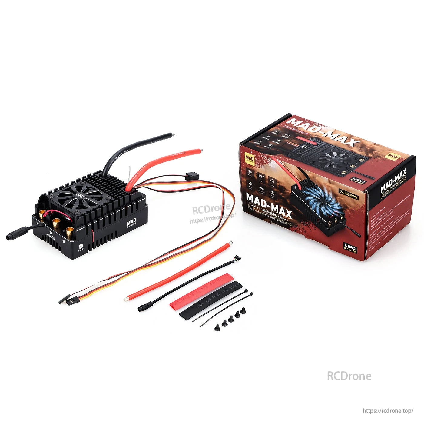 MAD MAX15 300A HV 6-12S Brushless Sensored ESC, MAD MAX15 brushless ESC with cooling fan and heatsink, power leads, signal cable, hardware kit, and box