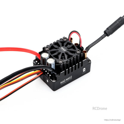 MAD MAX2 140A HV 2-4S Brushless Sensored ESC, MAD MAX2 brushless sensored ESC with cooling fan, heavy-gauge power leads, and motor/sensor wiring harness
