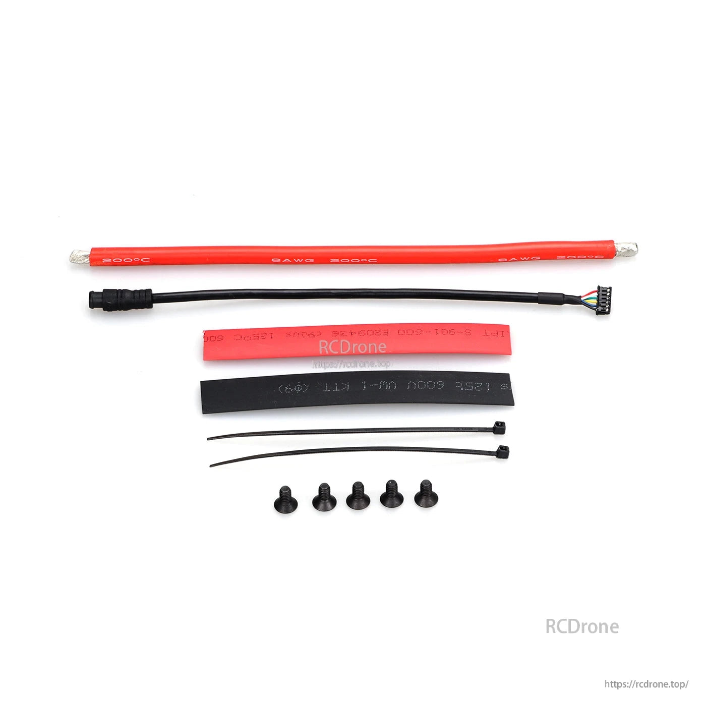 MAD MAX20 400A HV 6-12S Sensored Brushless ESC, Accessory kit for MAD MAX20 HV ESC with power lead, connector cable, heat-shrink tubing, zip ties, and screws