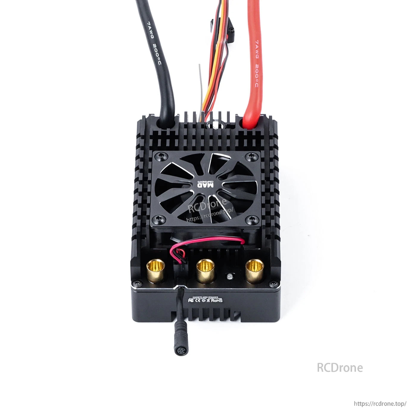 MAD MAX20 400A HV 6-12S Sensored Brushless ESC, MAD MAX20 HV sensored brushless ESC with cooling fan heatsink, heavy-gauge power leads, and three gold motor terminals