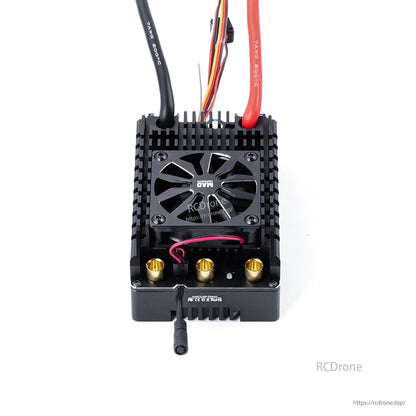 MAD MAX20 400A HV 6-12S Sensored Brushless ESC, MAD MAX20 HV sensored brushless ESC with cooling fan heatsink, heavy-gauge power leads, and three gold motor terminals