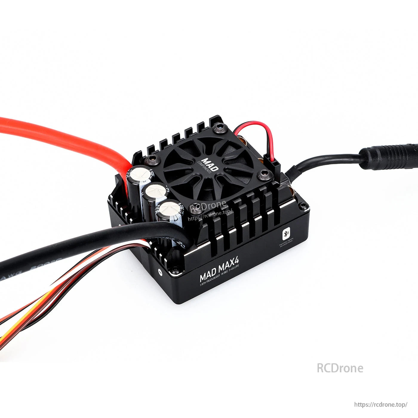MAD MAX4 160A HV 3-6S Brushless Sensored ESC, MAD MAX4 brushless sensored ESC with integrated cooling fan, black heatsink case, and heavy power leads