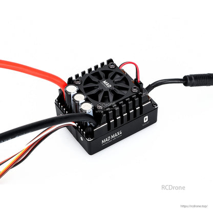 MAD MAX4 160A HV 3-6S Brushless Sensored ESC, MAD MAX4 brushless sensored ESC with integrated cooling fan, black heatsink case, and heavy power leads