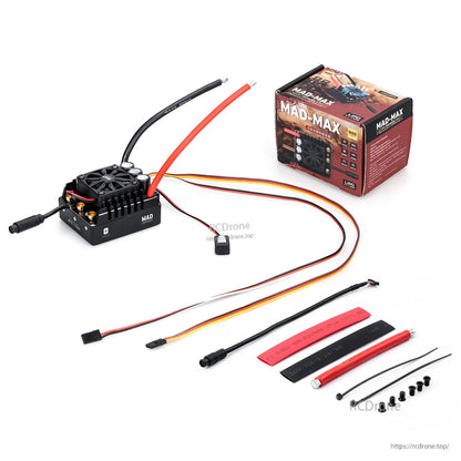 MAD MAX7 200A HV Brushless Sensored ESC, MAD MAX7 brushless sensored ESC with cooling fan, heavy battery leads, signal cables, and mounting hardware