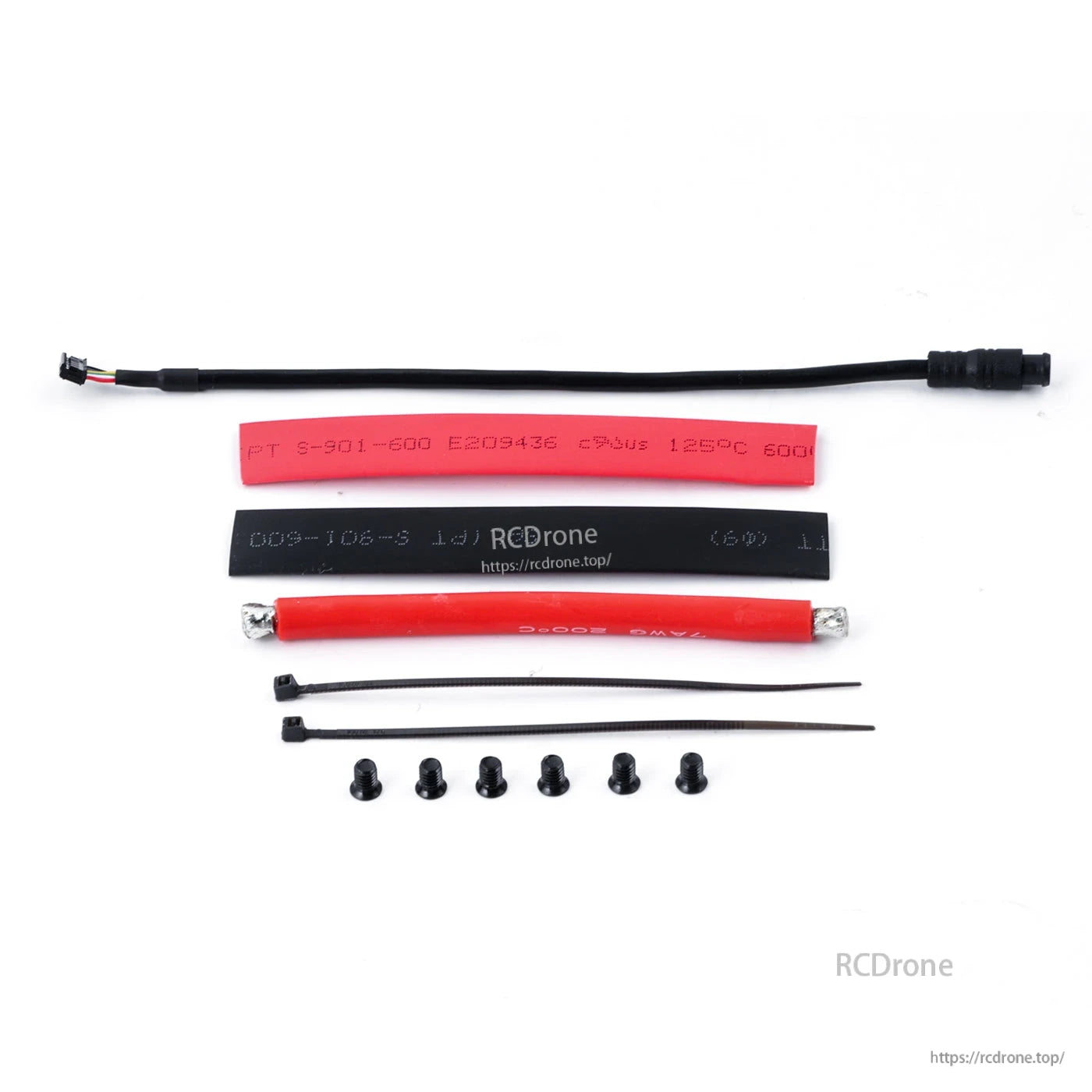 MAD MAX7 200A HV Brushless Sensored ESC, Accessory kit with wiring lead, heat-shrink tubing sleeves, zip ties, and six black screws for an RC ESC install