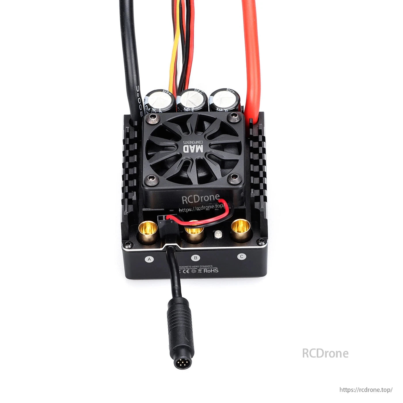 MAD MAX7 200A HV Brushless Sensored ESC, MAD MAX7 brushless sensored ESC module with cooling fan, capacitors, heavy-gauge power leads and sensor port