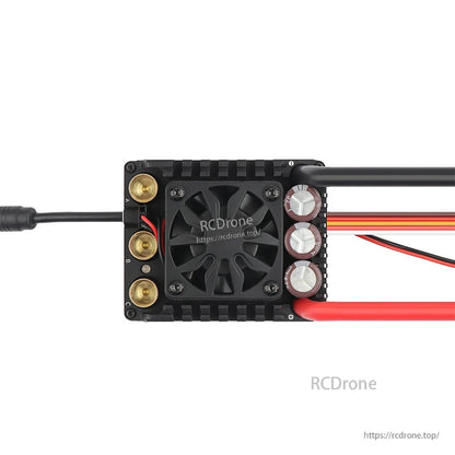 MAD MAX8 HV 300A 3-8S Sensored Brushless ESC, MAD MAX8 HV sensored brushless ESC with cooling fan, three capacitors, and heavy-gauge power leads
