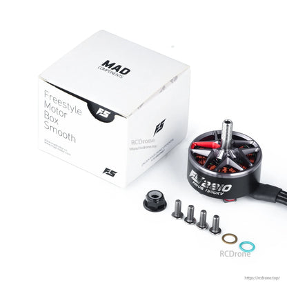 MAD Prius FS2810 V1.0 FPV Drone Motor, MAD Prius FS2810 FPV drone motor with mounting screws and hardware, shown next to branded FS box