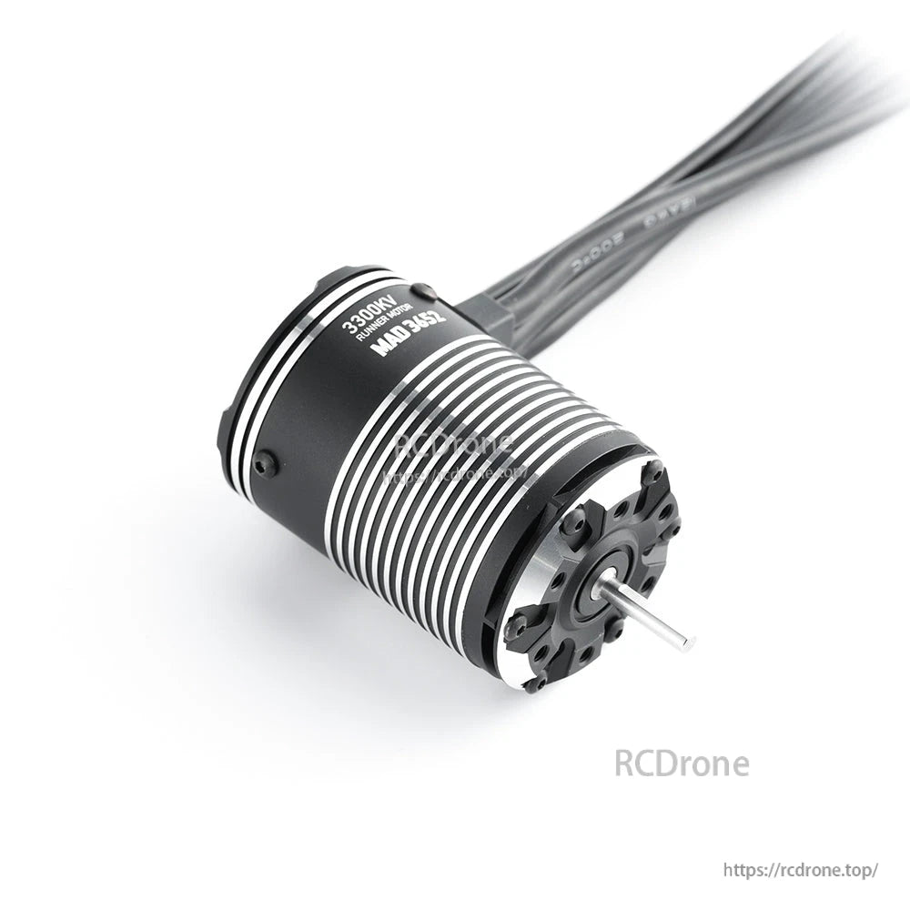MAD Runner 3652 Sensored Brushless Motor, MAD Runner 3652 brushless motor with 3300KV label, finned aluminum can and attached lead wires