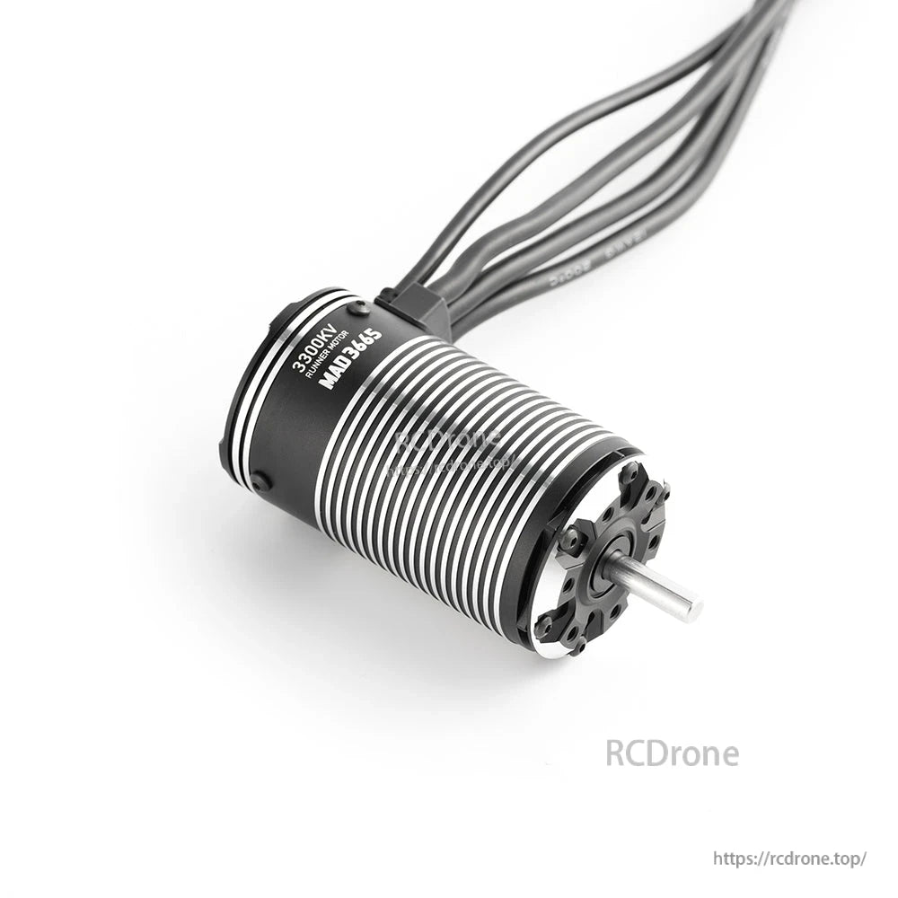 MAD Runner3665 Sensored Brushless Motor, MAD 3665 3300KV brushless motor with finned aluminum can, exposed shaft, and three lead wires