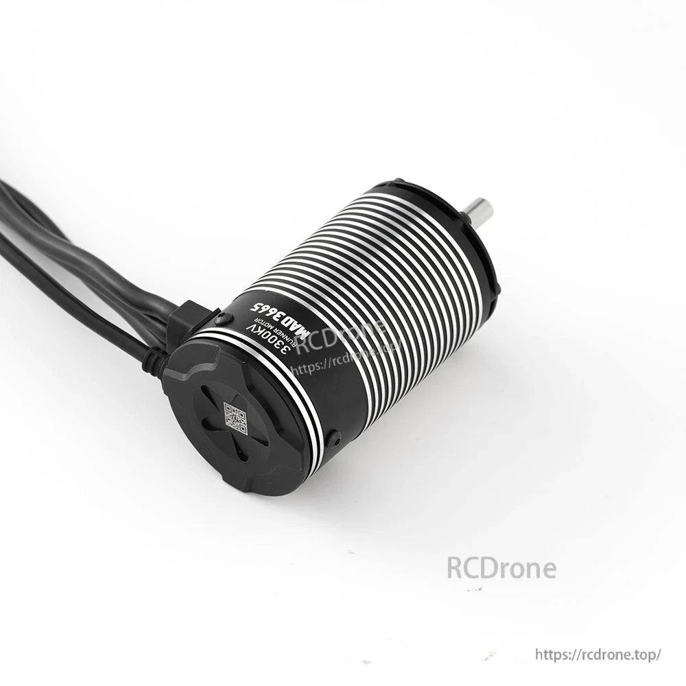 MAD Runner3665 Sensored Brushless Motor, MAD Runner 3665 brushless motor with finned aluminum can, 3300KV marking, and attached lead wires