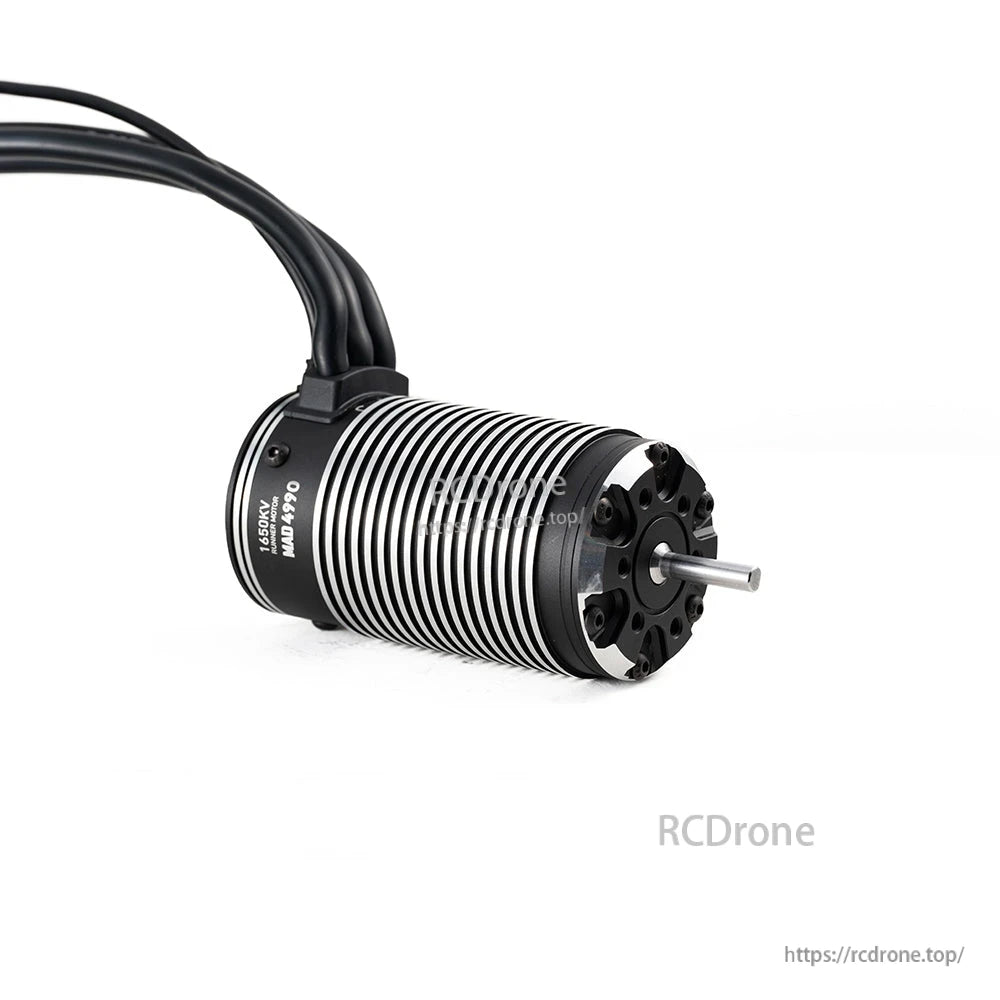 MAD Runner4990 RC Car Brushless Motor, MAD Runner 4990 RC car brushless motor with finned aluminum can, three motor wires, and exposed shaft