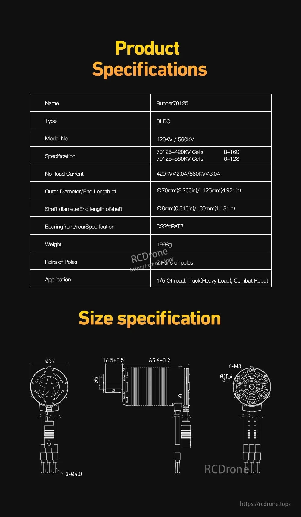 MAD Runner70125 Sensored Brushless 420KV/560KV Motor For 1/5 Rc Cars