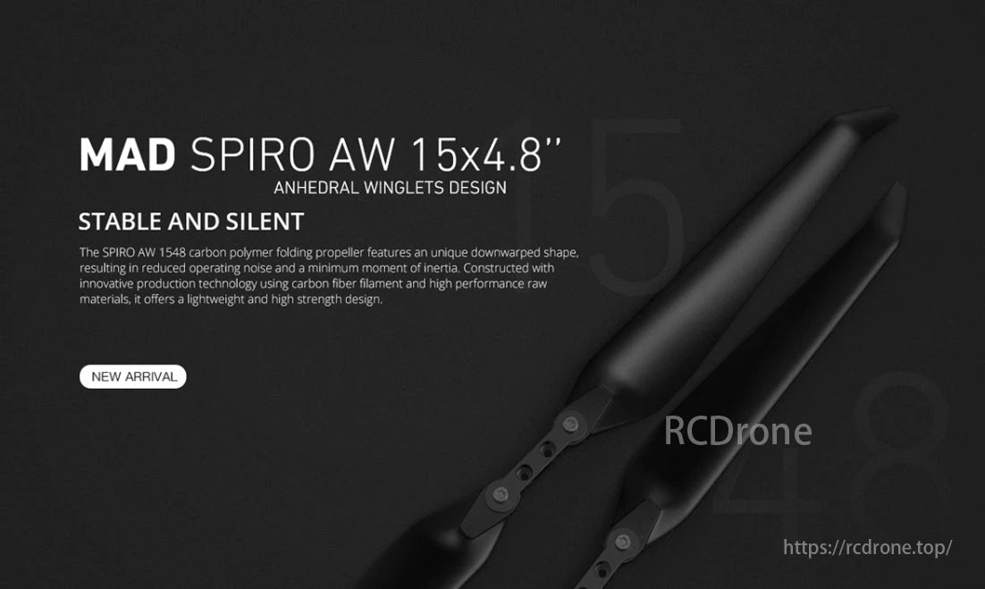 MAD SPIRO AW Propeller, MAD SPIRO AW 15x4.8" propeller has anhedral winglets for stability, silent operation, and reduced noise/inertia, made from lightweight carbon fiber and high-performance materials.