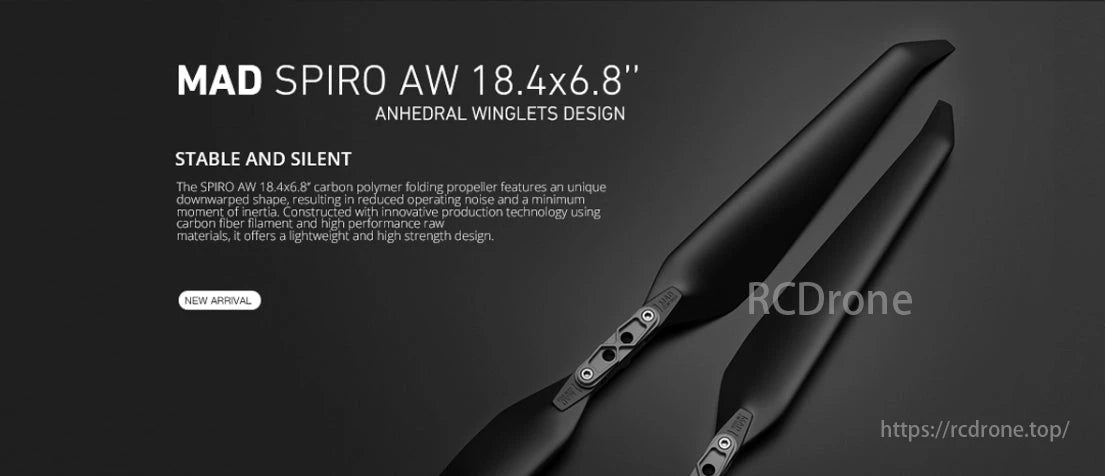MAD SPIRO Folding Drone Propeller, The MAD SPIRO AW propeller has an anhedral design for stability and silence, with a downwarped shape to reduce noise and inertia. Made from carbon fiber, it's lightweight, strong, and perfect for efficient, quiet applications.