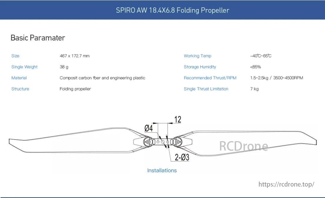 MAD SPIRO Folding Drone Propeller, The SPIRO AW 18.4X6.8 Folding Propeller is a lightweight, durable propeller made from composite materials, designed for efficient performance and easy installation.