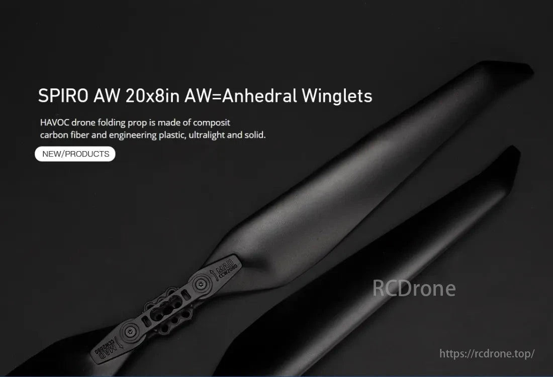 MAD SPIRO 20x8 Propeller, The image highlights SPIRO AW 20x8in Anhedral Winglets, ultralight drone folding props made from composite carbon fiber and plastic, showcasing their robust design.
