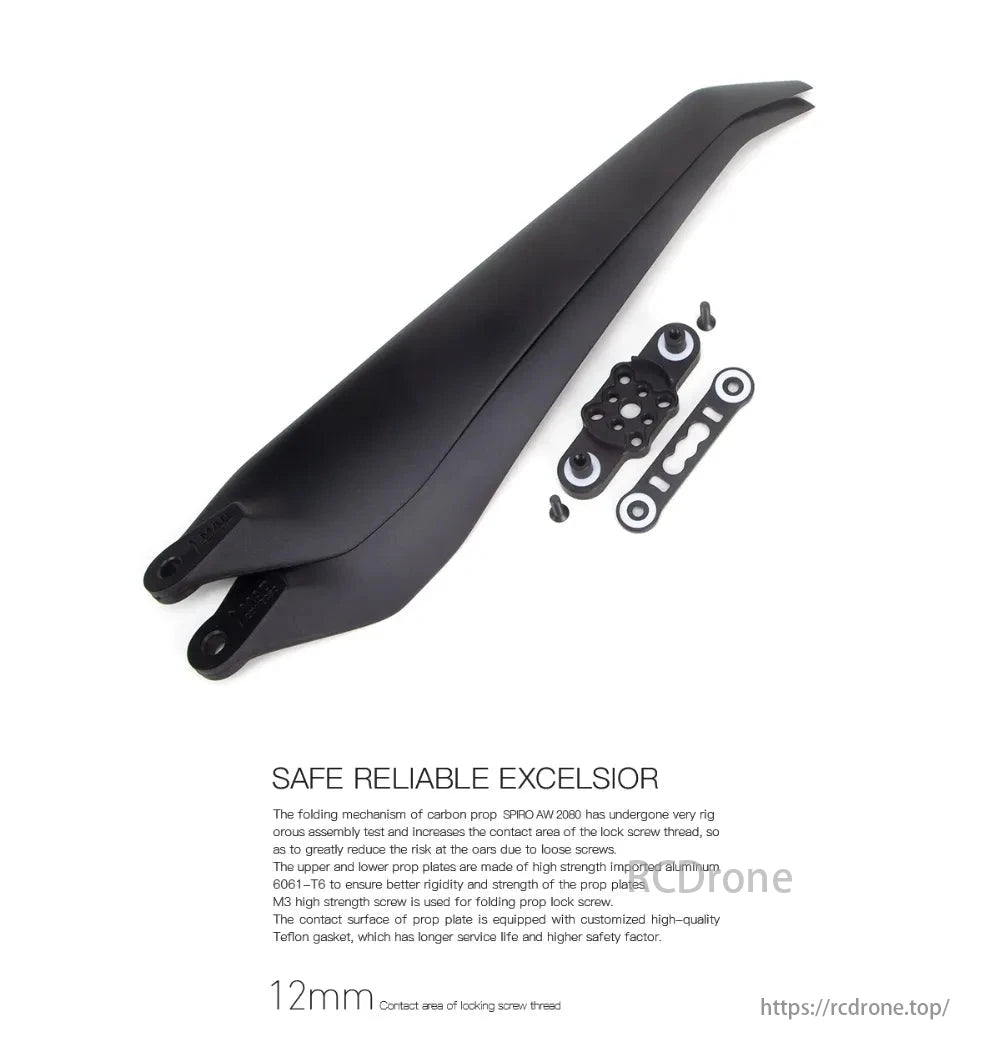 MAD SPIRO 20x8 Propeller, Carbon propeller guard for SPIRO AW 2060 ensures safety and reliability with extended screw thread contact, aluminum plates, M3 screws, and Teflon gaskets.