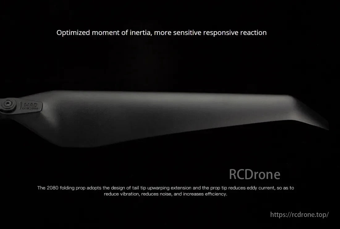 MAD SPIRO 20x8 Propeller, The image displays a 2080 folding propeller with optimized inertia, tail tip upwarping to minimize eddy currents, vibration, noise, and boost efficiency.
