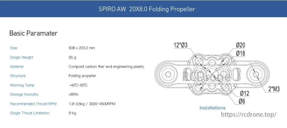 MAD SPIRO 20x8 Propeller, The SPIRO AW 20X8.0 Folding Propeller is a lightweight, durable drone component with a folding design for easy storage, operating effectively in various conditions.
