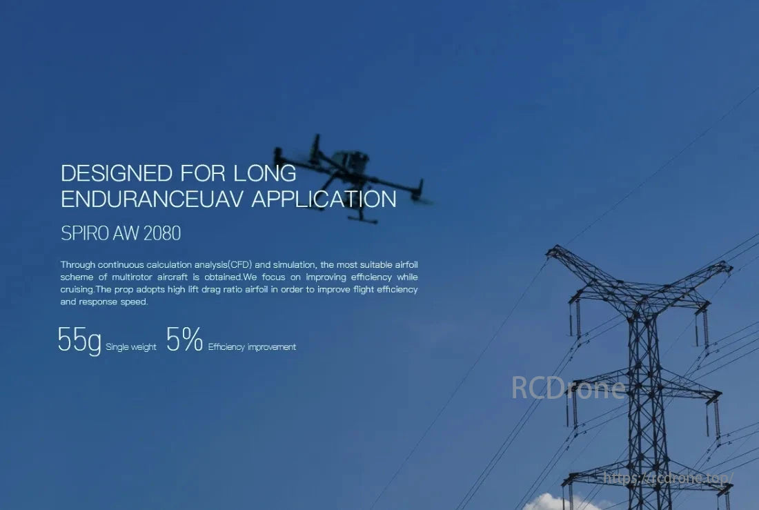 MAD SPIRO 20x8 Propeller, The SPIRO AW 2080 UAV, with optimized airfoil blades, reduces weight by 55g and boosts efficiency by 5%, flies near power lines in a clear sky.
