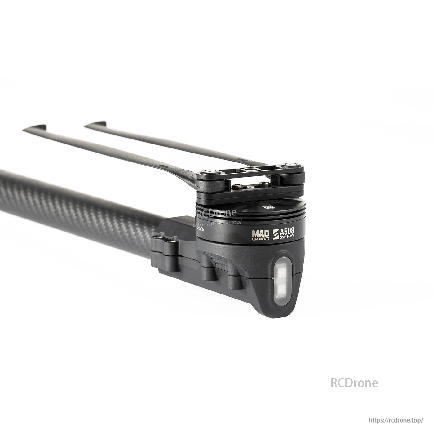 MAD StableCore A508 drone arm with carbon fiber tube, motor mount and folding rotor blades on white background