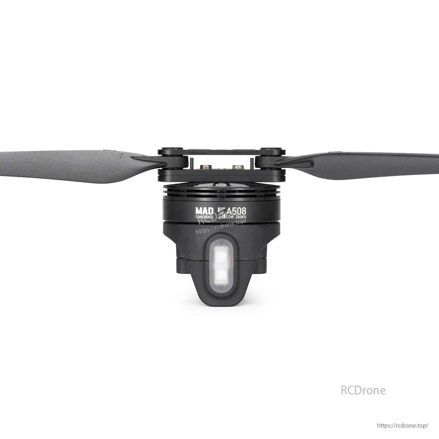 MAD StableCore A508 Drone Arm, MAD A508 brushless drone motor with two-blade propeller and mounting hardware, front view