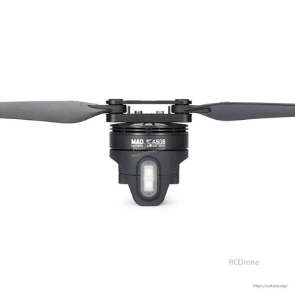 MAD StableCore A508 Drone Arm, MAD A508 brushless drone motor with two-blade propeller and mounting hardware, front view