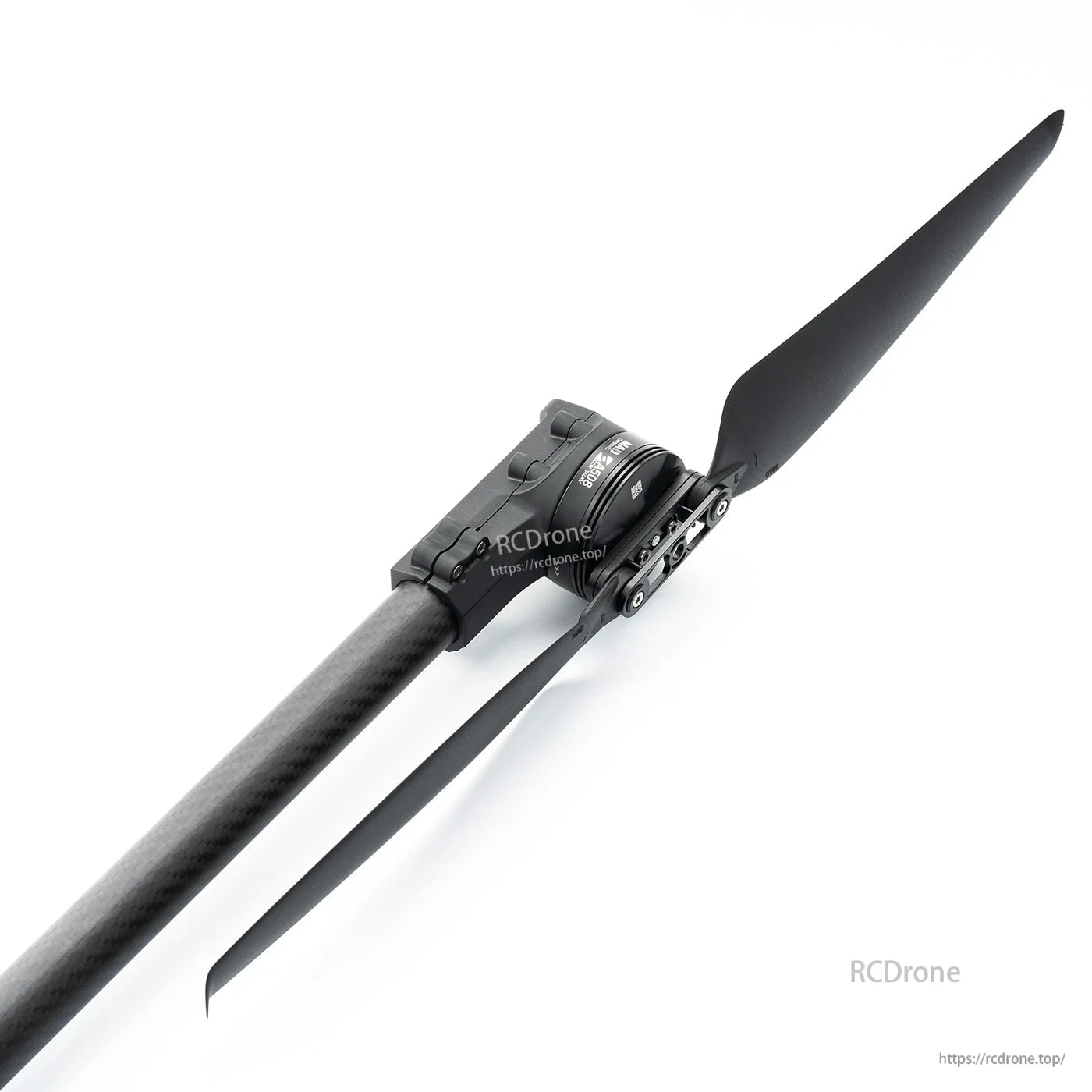 MAD StableCore A508 drone arm with carbon fiber tube, motor mount, and two-blade propeller attached
