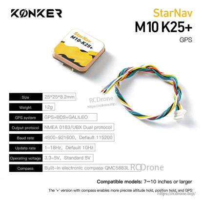 MAD StarNav M10 GPS, KONKER StarNav M10 K25+ GPS module with wiring harness, built-in QMC5883L compass, 25×25×8.2mm
