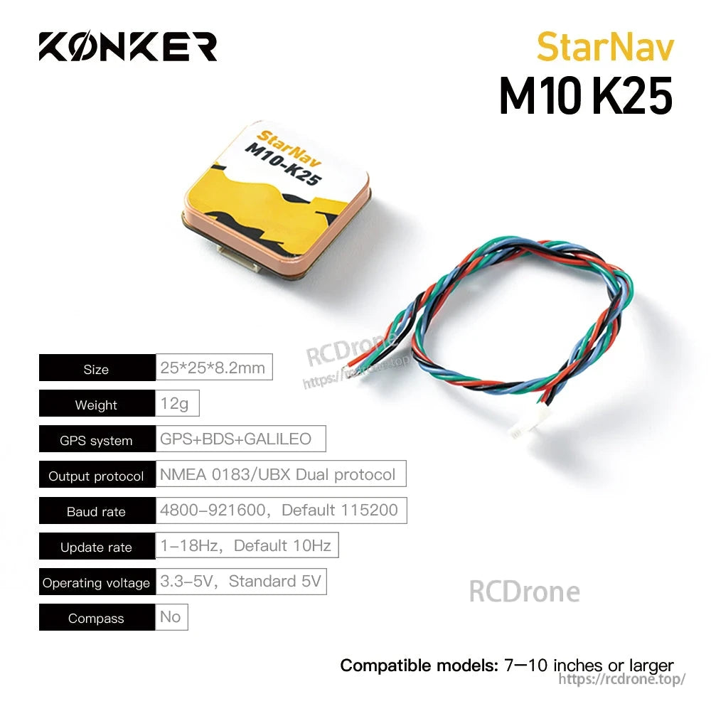 MAD StarNav M10 GPS, KONKER StarNav M10 K25 GPS module with wiring harness, 25×25×8.2mm, GPS+BDS+Galileo, 3.3–5V