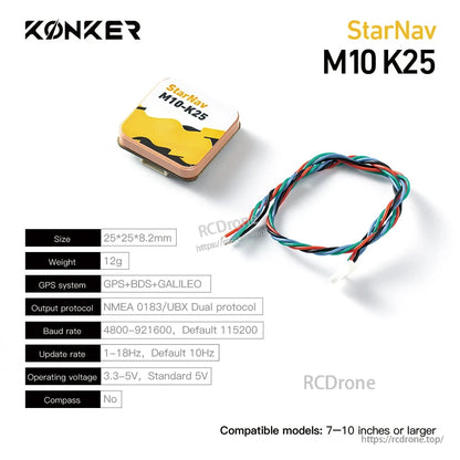 MAD StarNav M10 GPS, KONKER StarNav M10 K25 GPS module with wiring harness, 25×25×8.2mm, GPS+BDS+Galileo, 3.3–5V