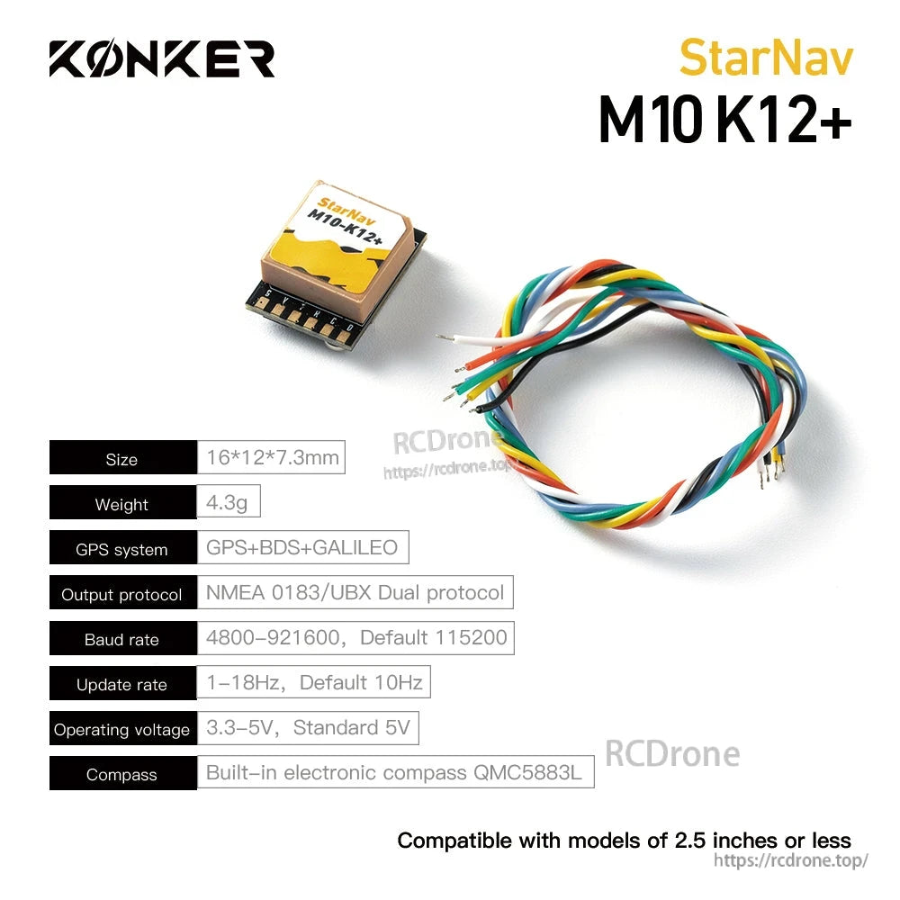 MAD StarNav M10 GPS, KONKER StarNav M10 K12+ GPS module with wiring harness, 16×12×7.3 mm, built-in QMC5883L compass