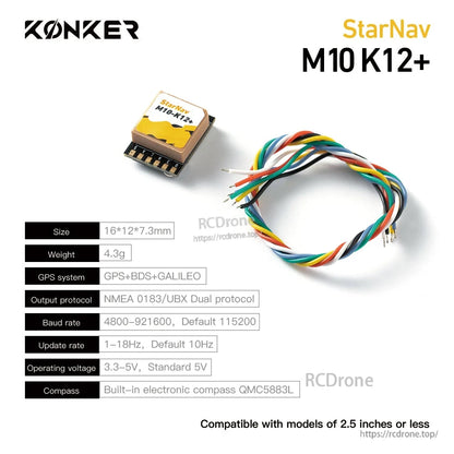 MAD StarNav M10 GPS, KONKER StarNav M10 K12+ GPS module with wiring harness, 16×12×7.3 mm, built-in QMC5883L compass