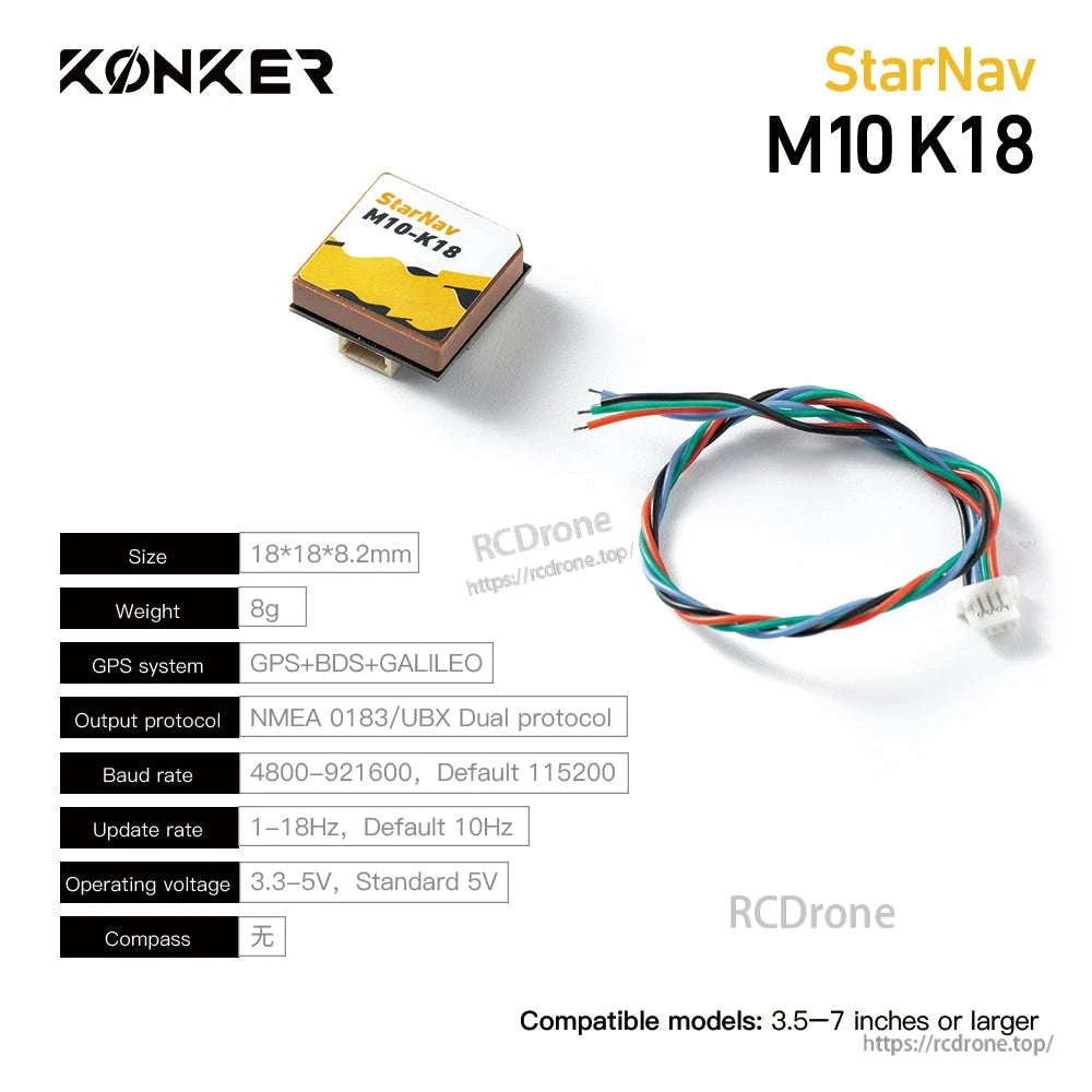 MAD StarNav M10 GPS, KONKER StarNav M10 K18 GPS module with wiring harness and specs listing GPS+BDS+GALILEO support