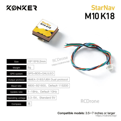 MAD StarNav M10 GPS, KONKER StarNav M10 K18 GPS module with wiring harness and specs listing GPS+BDS+GALILEO support