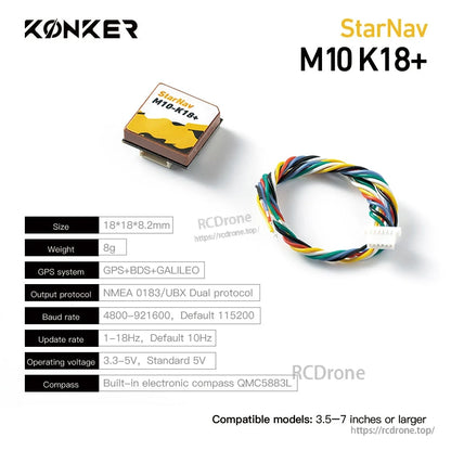 MAD StarNav M10 GPS, Konker StarNav M10 K18+ GPS module with wiring harness, 18×18×8.2 mm, GPS+BDS+Galileo and QMC5883L compass