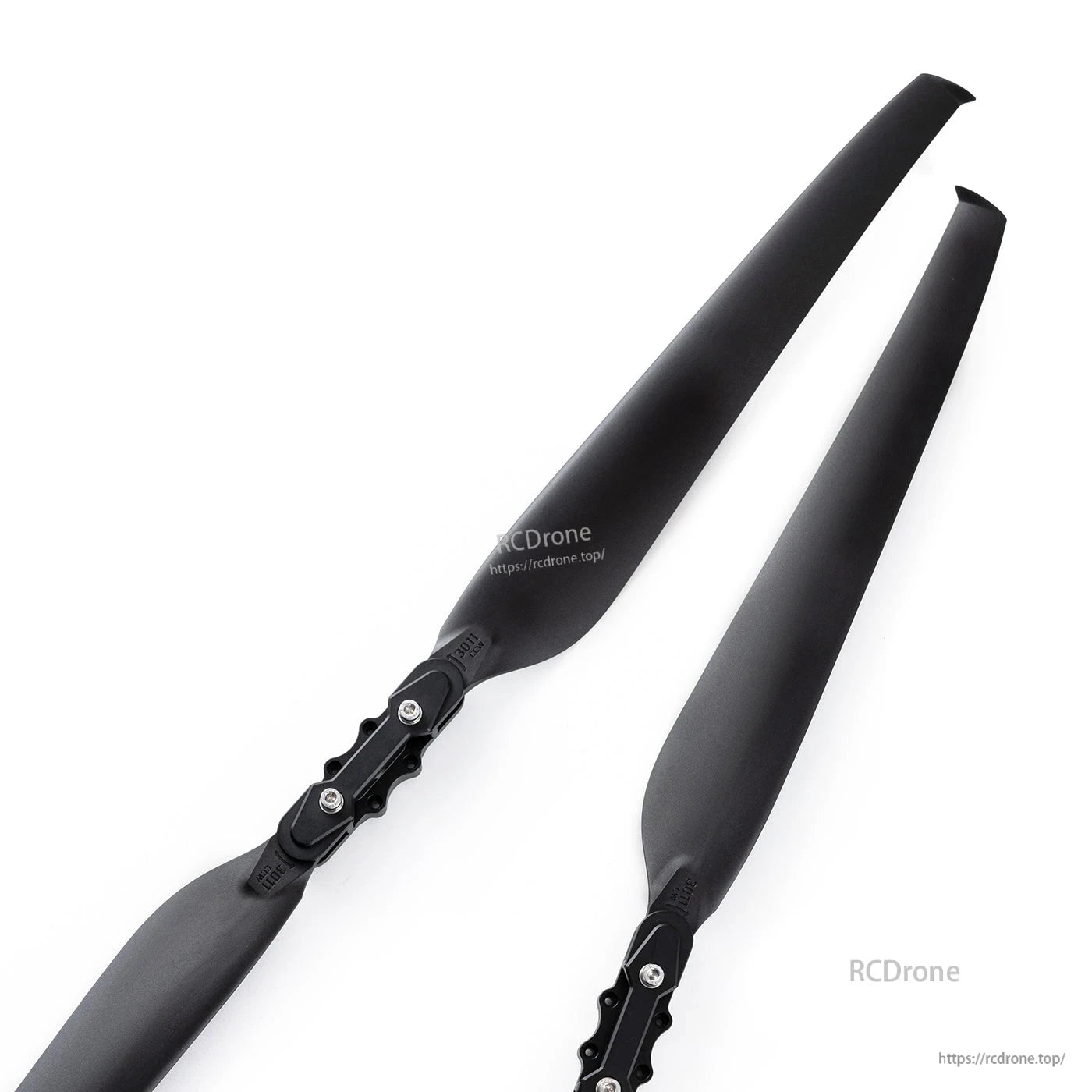 MAD TIPUP 30x11in Drone Folding Propeller, MAD TIPUP 30x11 folding drone propeller with black two-blade design and metal hinge hub on white background