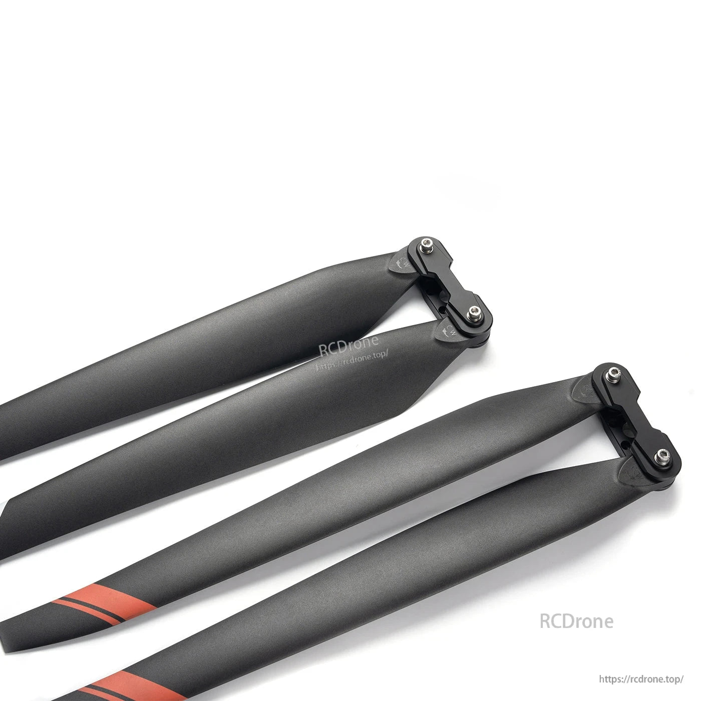 MAD TIPUP 43x14in Polymer Folding Propeller, Pair of black folding propeller blades with hinge hubs, 43x14 polymer design, red tip stripes