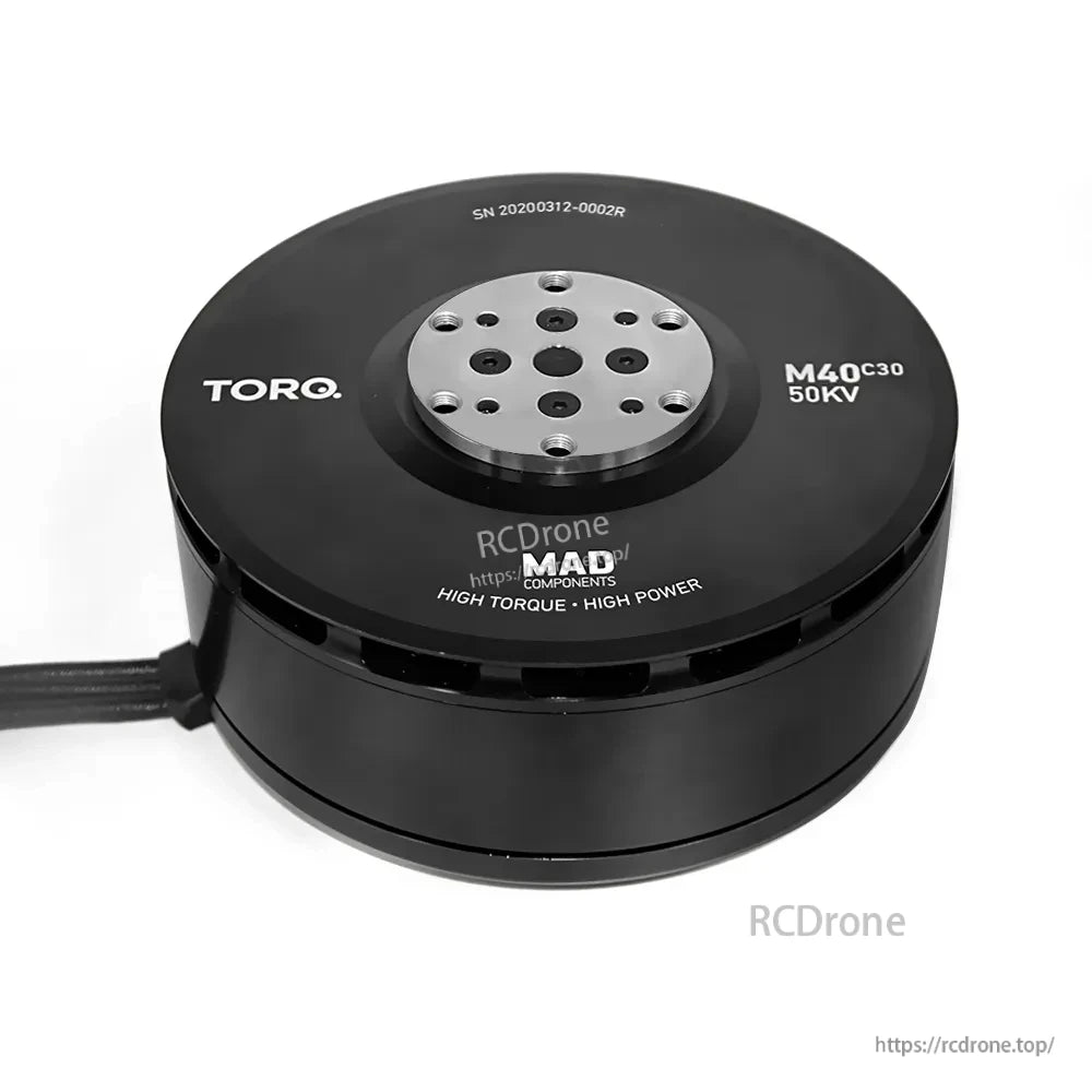 MAD TORQ M40C30 50KV v2.1 brushless motor with round black housing, top mounting plate, and cable lead