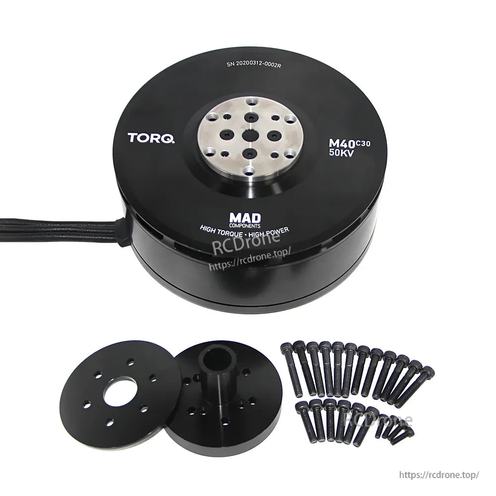 MAD TORQ M40C30 50KV v2.1 Brushless Motor, MAD TORQ M40C30 50KV brushless motor with top mounting plate, cable lead, and included screws and adapters