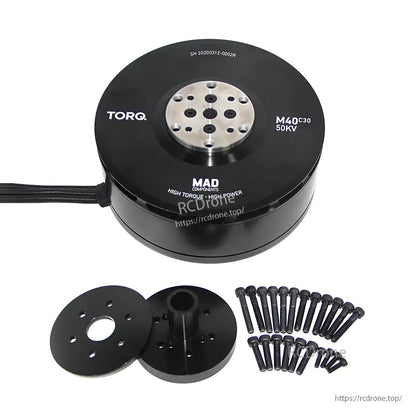 MAD TORQ M40C30 50KV v2.1 Brushless Motor, MAD TORQ M40C30 50KV brushless motor with top mounting plate, cable lead, and included screws and adapters